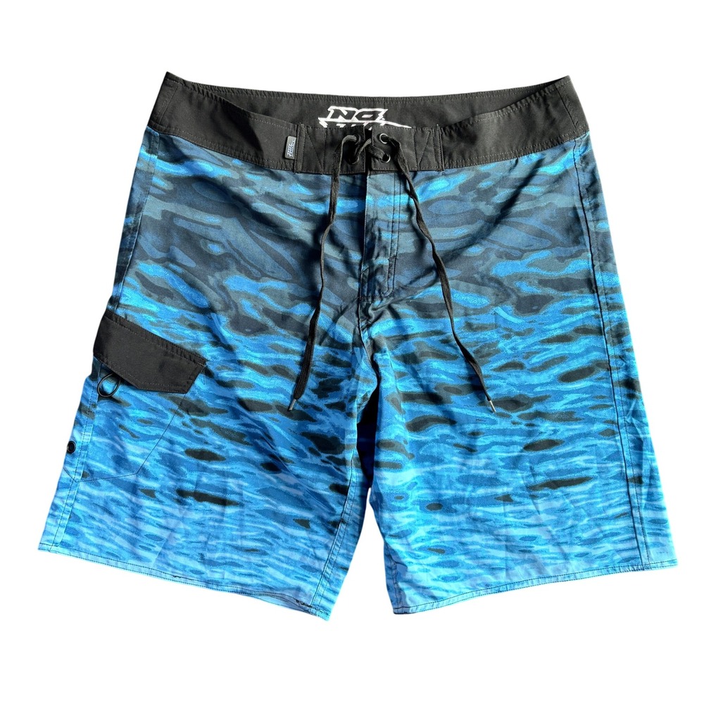 No Fear Mens Blue Water Ripple Camo Board Shorts Size 38 Y2K Skate Surf Moto